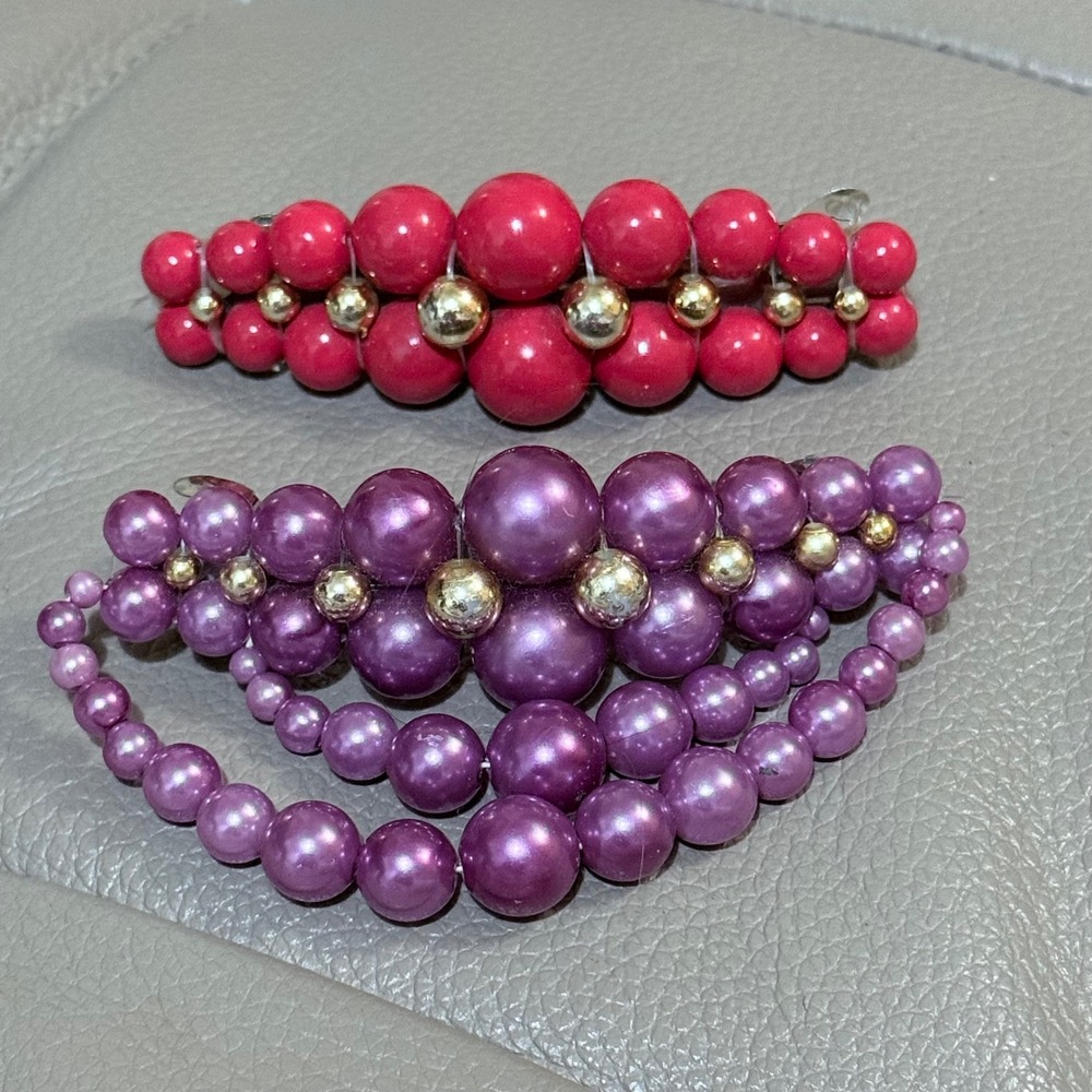 Vtg 80s Barrette Set Faux Pearl Beaded Pink Purple Gold Tone French Clips
